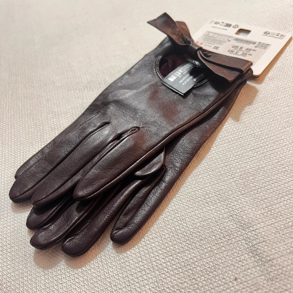 ZARA Burgundy Leather Gloves w Bows Size L New